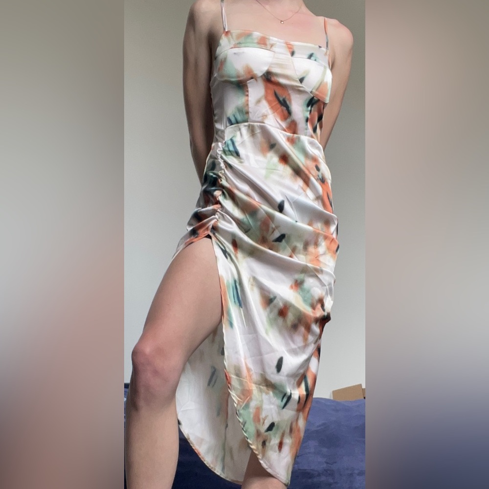 Multi-colored patterned satin dress. Women’s size XS.